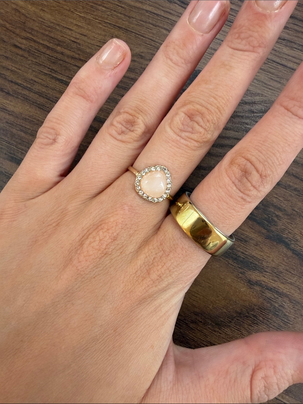 Gold Halo Ring with Peach Stone and Crystal Accents